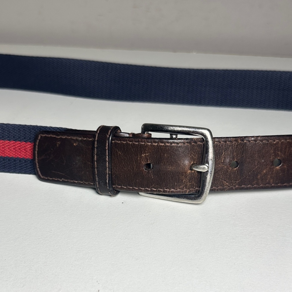 Coach Men's Brown Leather Belt with Navy and Red Stripe solid brass